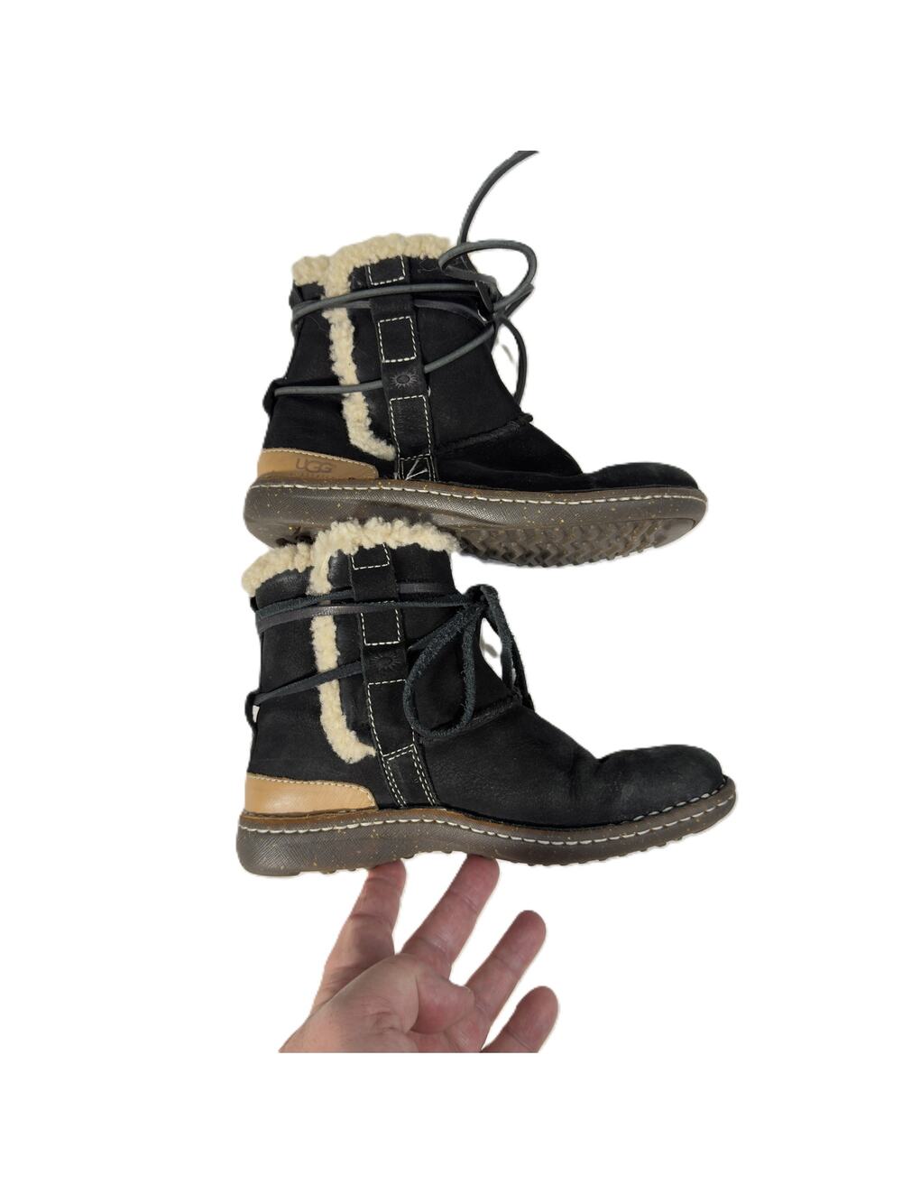 UGG Kids Black Shearling Lace Up Boots US 5 Youth EU 36 Winter Suede S/N 5587